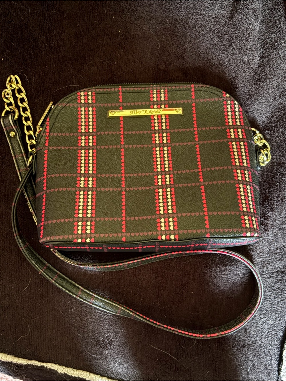 Betsey Johnson Black and Red Plaid Heart-Print Crossbody Bag